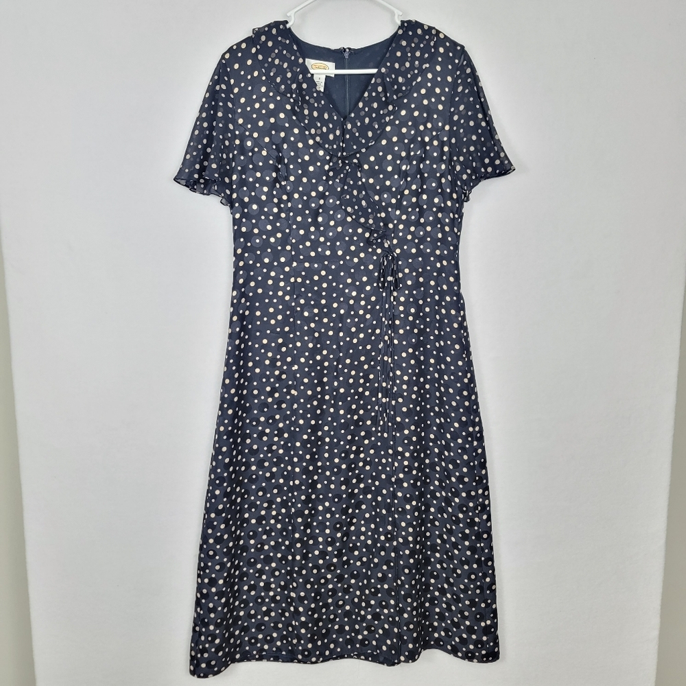 Talbots 100% Silk Polka Dot Knee Length Dress Sz 8 Ruffled Feminine Navy Blue